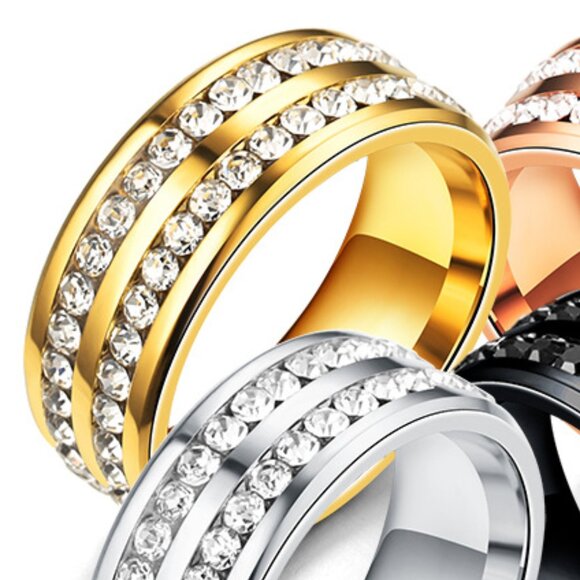 3/$35 Double Row Gold Tone Stainless Steel Band Ring Diamond Zirconia Gemstones - Picture 5 of 5